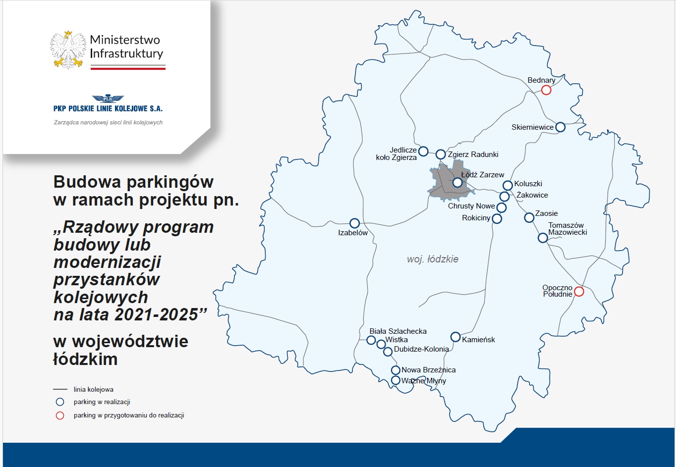 Grafika obrazująca miejsca powstania przystanków kolejowych w województwie łódzkim