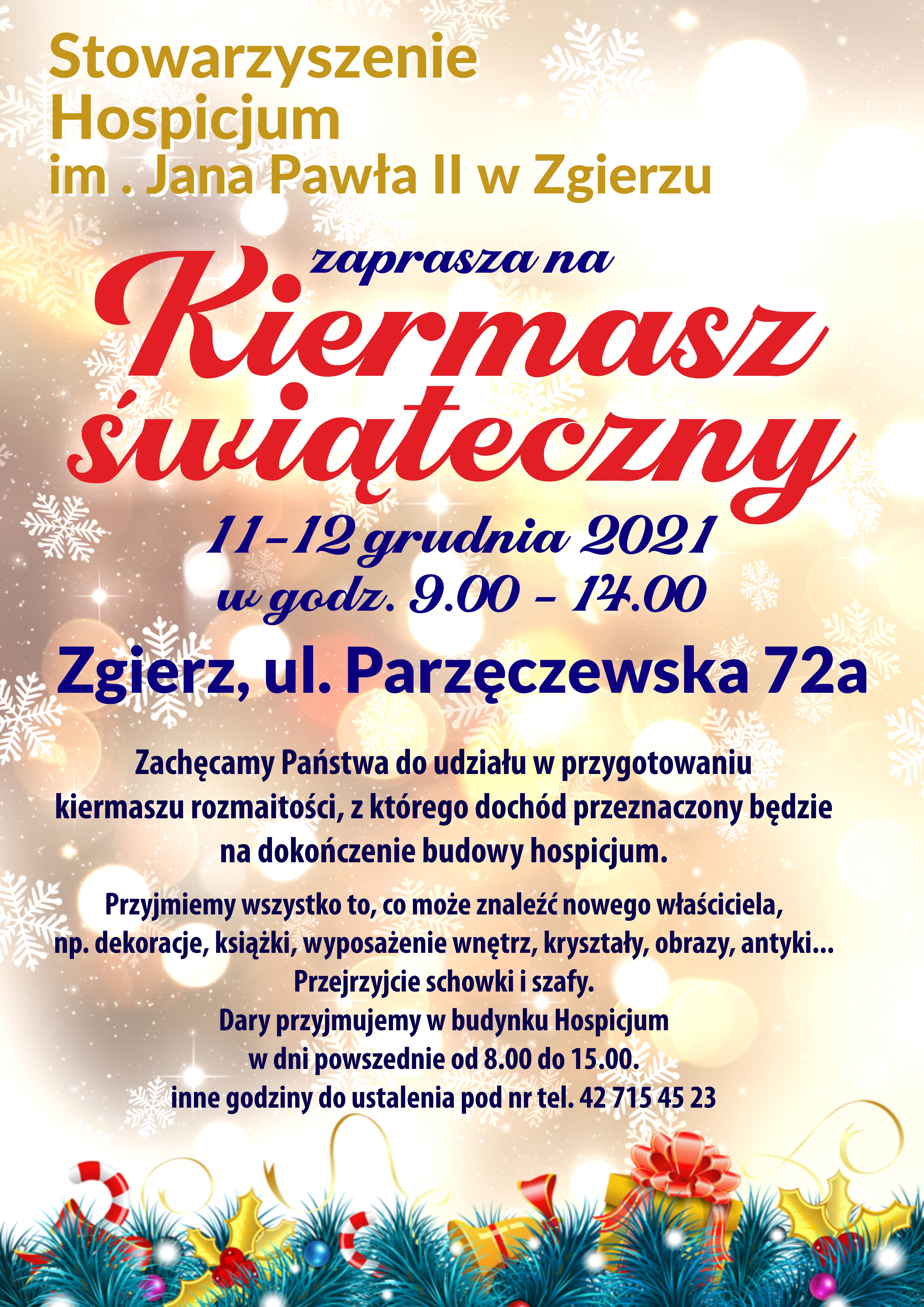 Plakat zapowiadający kiermasz swiąteczny Stowarzyszenia Hospicjum im. Jana Pawła II w Zgierzu