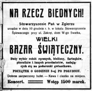 Ogłoszenie o bazarku świątecznym, publikacja archiwalna z 7 grudnia 1922 r. 