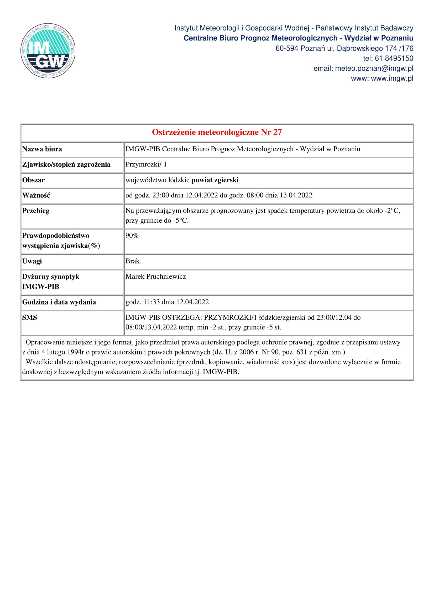 Grafika z ostrzeżeniem meteorologicznym