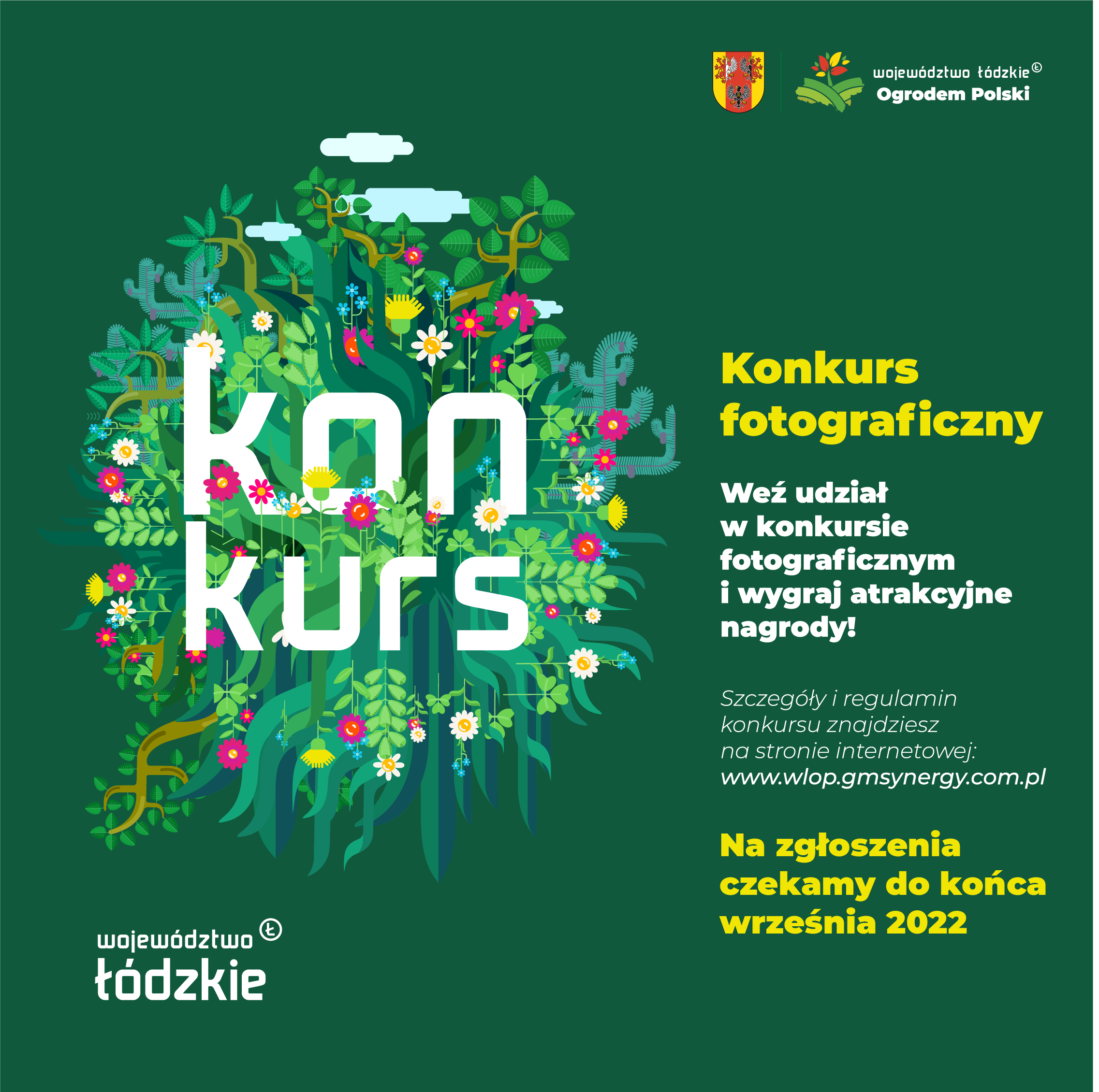 Grafika - plakat konkursowy z informacjami i motywem przyrodniczym.