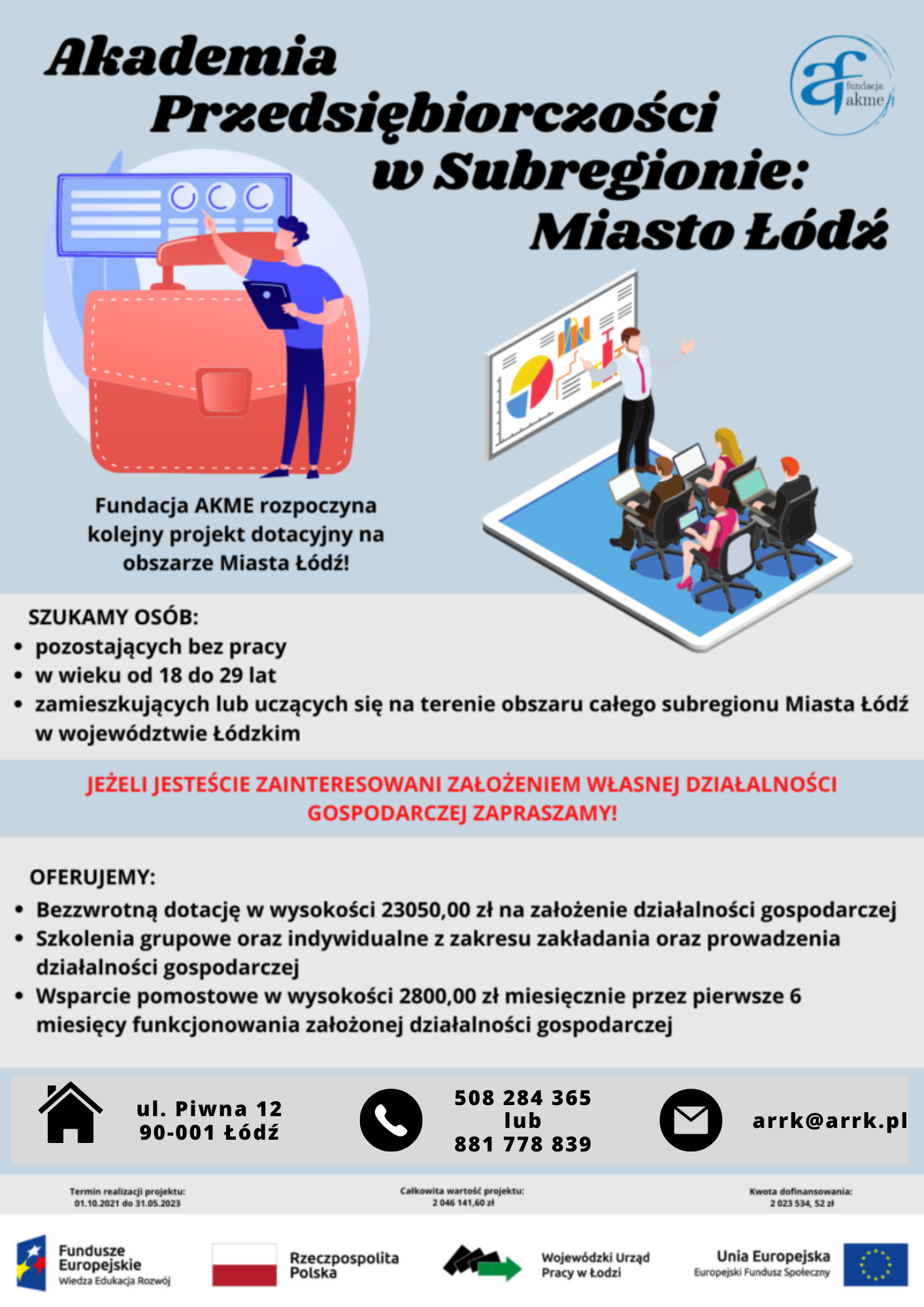 Plakat z informacjami o projekcie Akademii Przedsiębiorczości