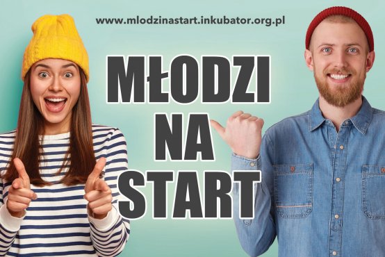 Fragment plakatu zachęcającego do udziału w projekcie "Młodzi na start", przedstawia dwie młode osoby, kobietę i mężczyznę, zwrócone do oglądającego. Między nimi znajduje się napis "MŁODZI NA START" 