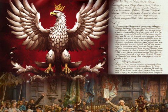 Plakat na Święto Konstytucji 3 Maja z wykorzystaniem obrazu J. Matejki "Konstytucja 3 Maja 1791"