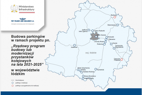 Miejsca powstania parkingów przy przystankach kolejowych w województwie łódzkim