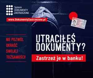 Granatowo-biało-czerwona grafika z wizerunkiem zakapturzonej postaci i napisem: Utraciłeś dokumenty? Zastrzeż je w banku. Nie pozwól ukraść swojej tożsamości. 