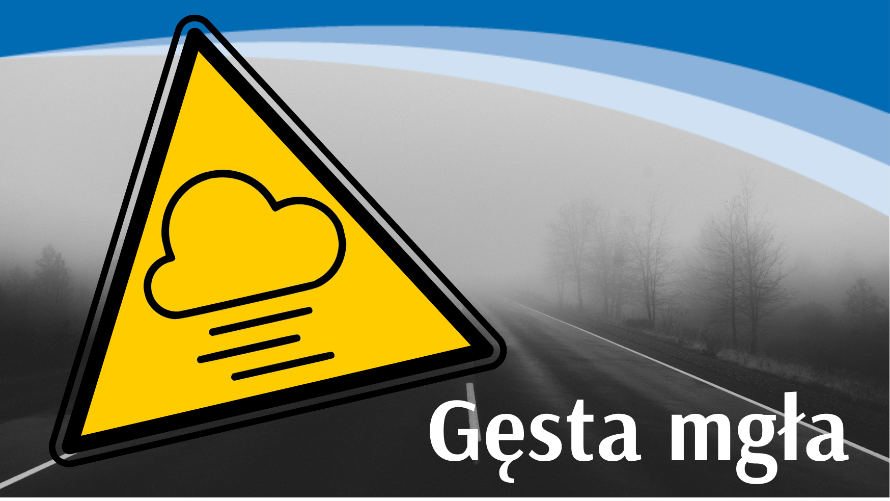 Grafika z ostrzeżeniem o gęstej mgle  - zamglony krajobraz, na którego tle umieszczono żółty  znak ostrzegawczy z chmurą. 