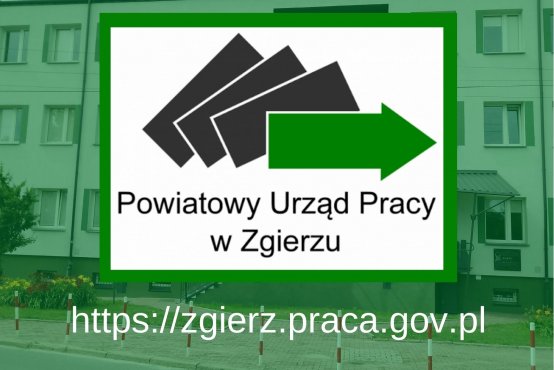 logo PUP Zgierz na tle zdjęcia budynku