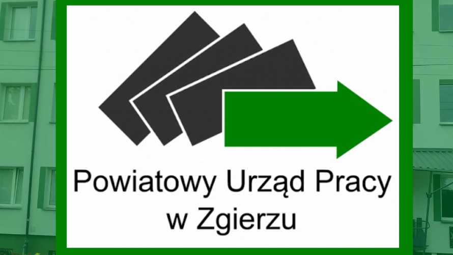 Logo PUP w Zgierzu na tle zdjęcia urzędu